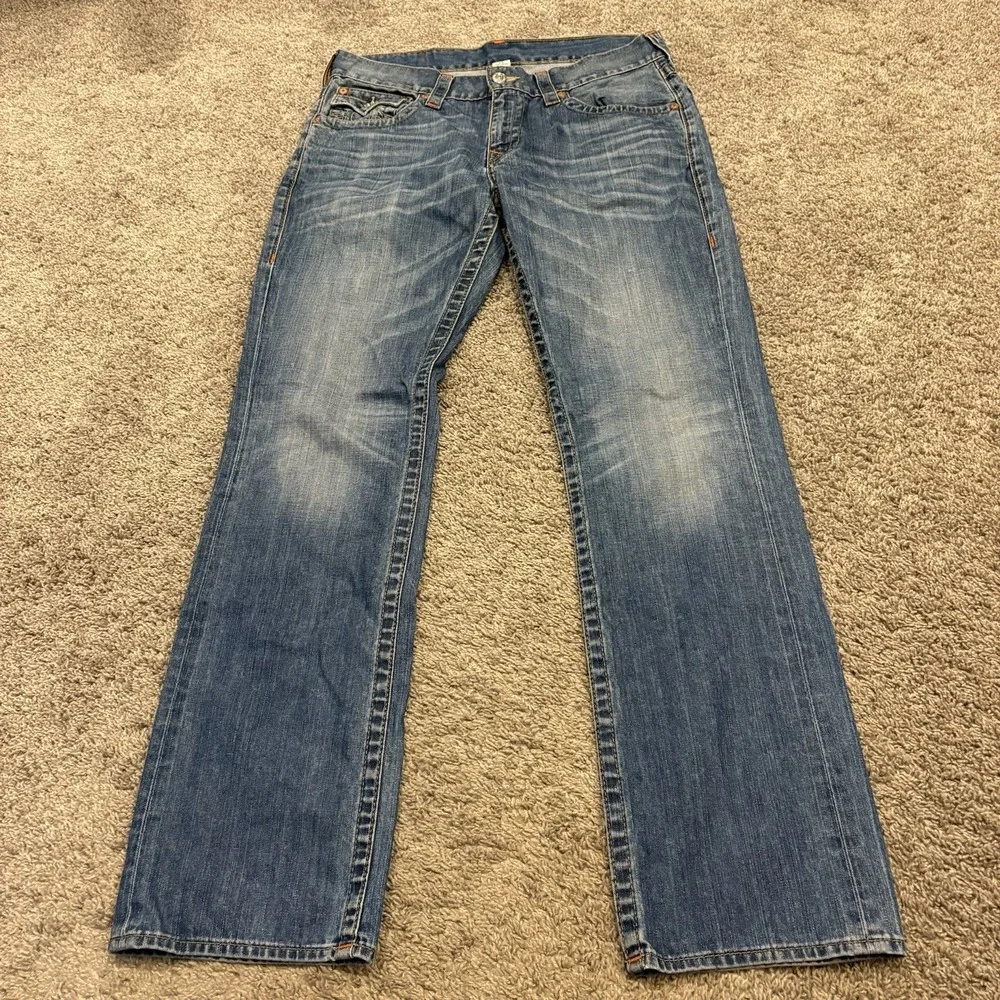 True Religion Straight Leg Pocket Flaps OM Denim Blue Jeans Dhum Men's 36x34
